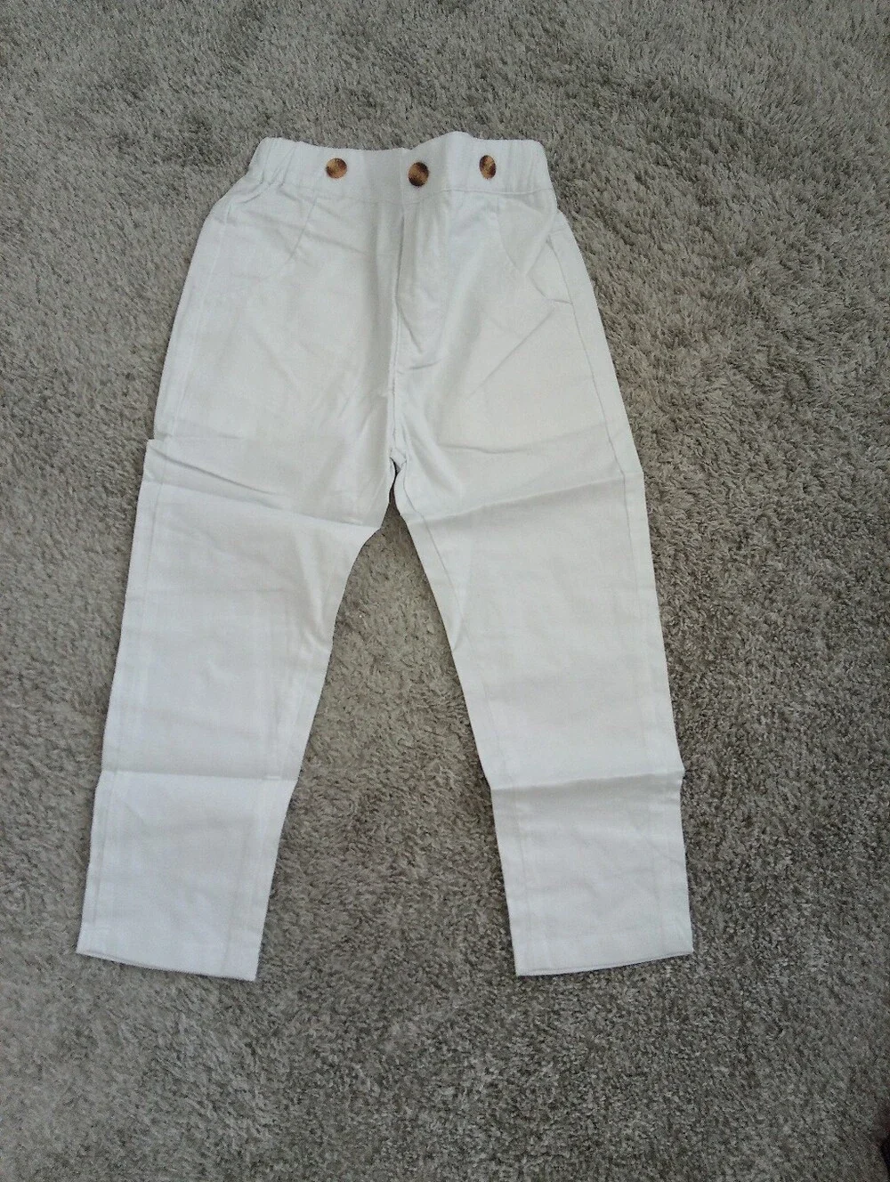 Boys Light Blue Button-Up Shirt & White Pants Outfit, Size 4-5T.